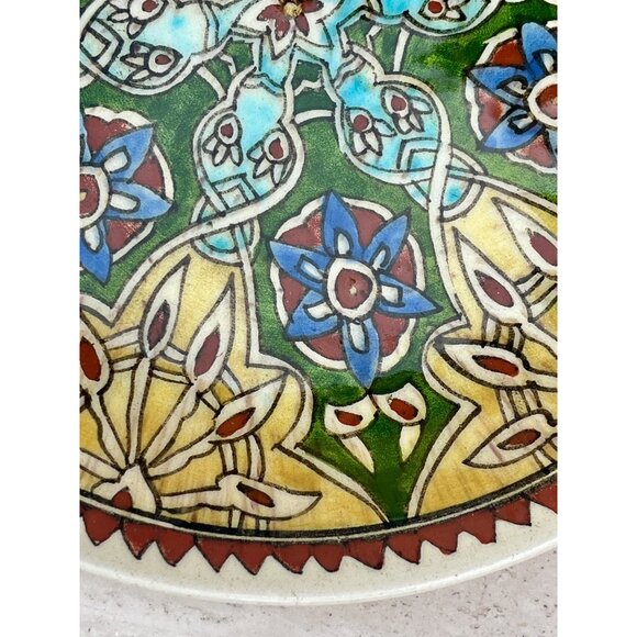 Ceramic Plate Hand Painted Floral Geometric Green Blue Yellow Red Colors 10.25”D - Picture 4 of 10